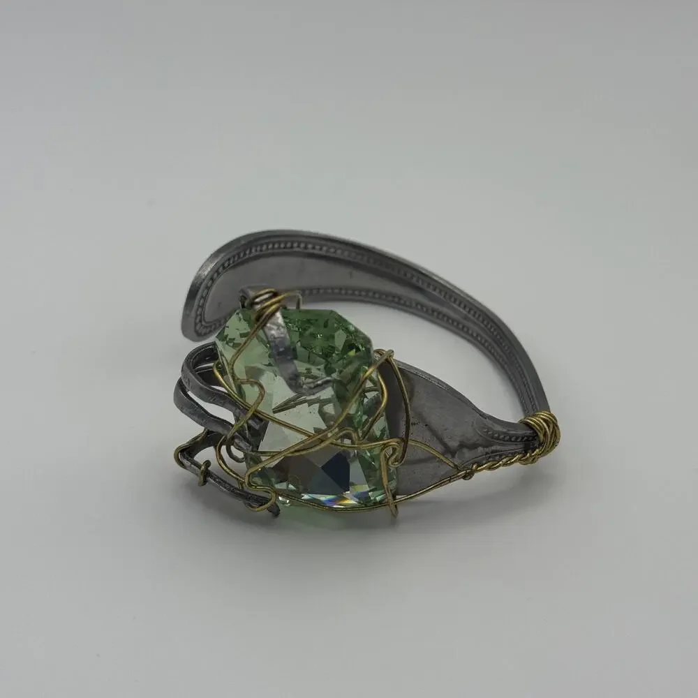 Handmade Fork‎ Cuff Bracelet w/ Green Glass Wire Wrap Accent